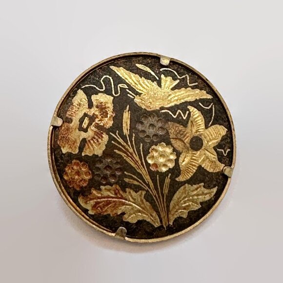 Bird Brooch, Damascene, Gold, Black, Flowers, Vintage, C Clasp, Multi Color - Picture 1 of 3